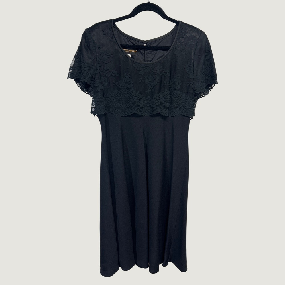 Donna Ricco Cocktail Dress Womens 8 Black Lace Overlay Lined Midi Formal
